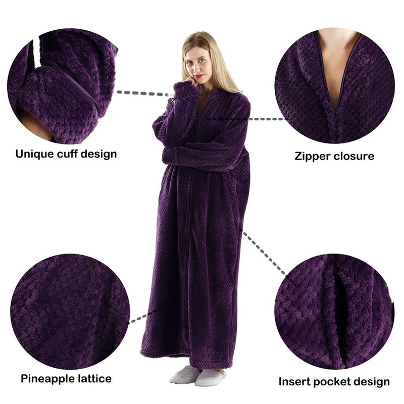 Oksun Womens Fleece Warm Robe: Cozy Flannel Long Zipper Bathrobe - Plush Winter Housecoat Nightgown (Purple, X-Large) - Image 2